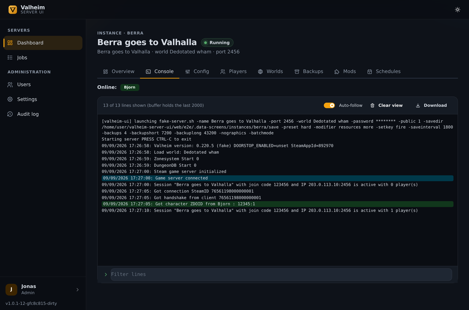 The live console, streaming the server log with event highlighting