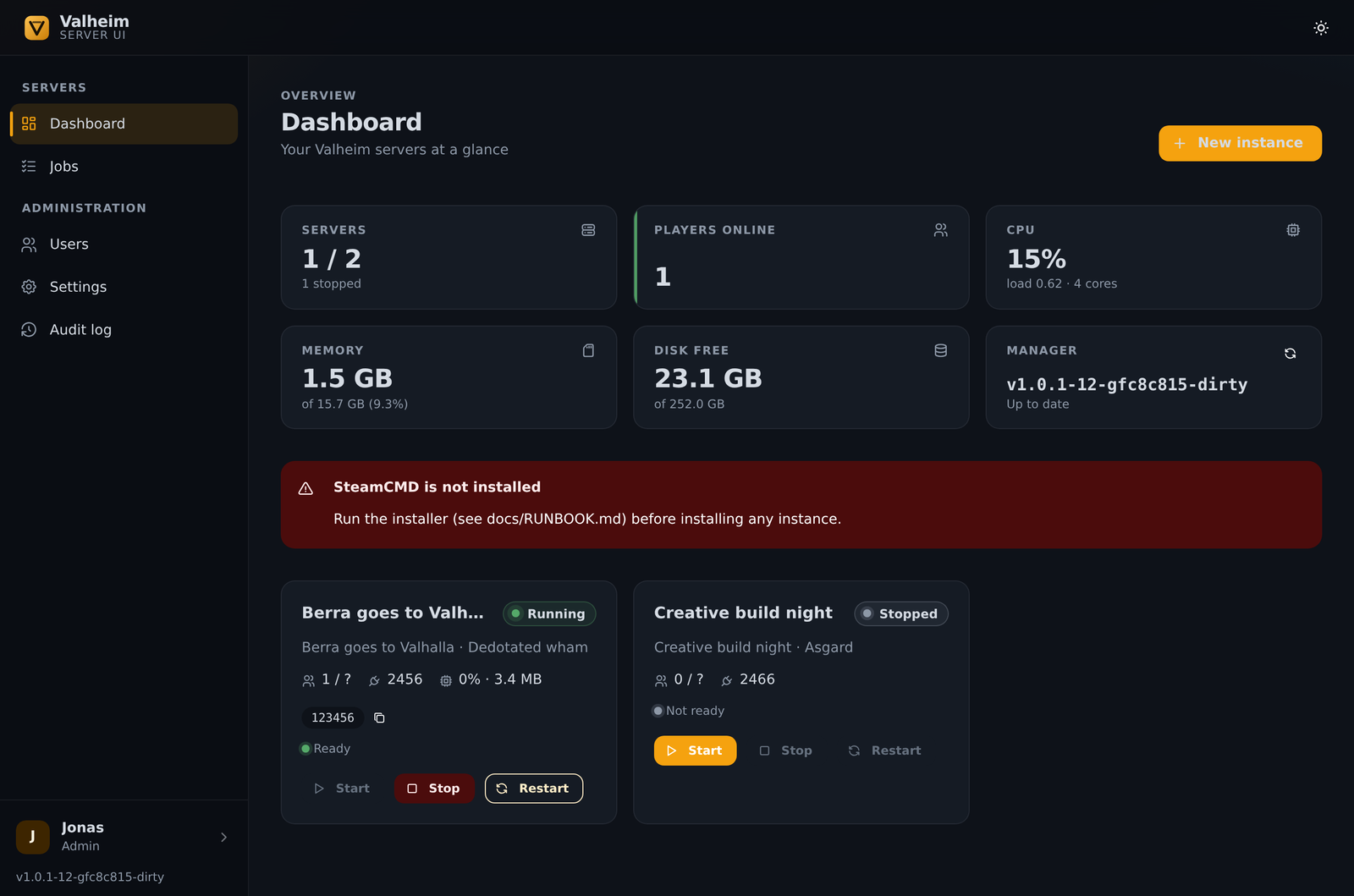 The dashboard: every instance, with live CPU, memory and disk at a glance