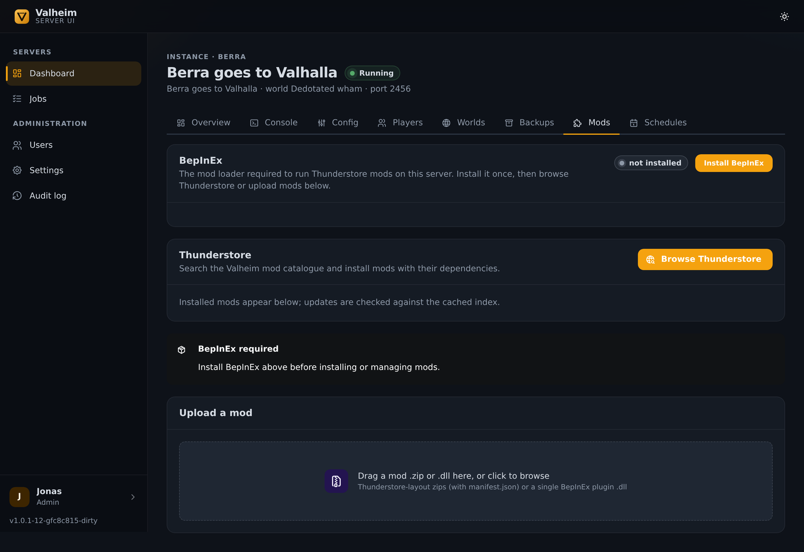 The Mods tab: install BepInEx, browse Thunderstore, or upload a mod